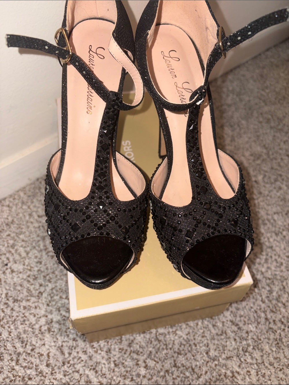 Lauren Lorraine Black T-Strap Crystal Peep-Toe Heels